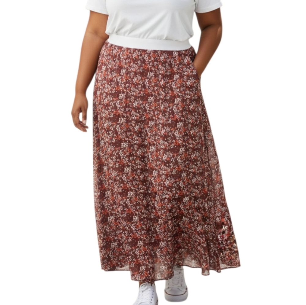 Floral Print Maxi Skirt - Red and Brown Sz.XXL EUC.